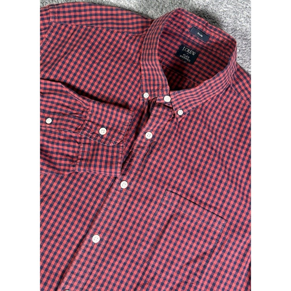 J Crew Slim Fit Flex Washed Red Navy Gingham Check Button Down Mens XL Preppy